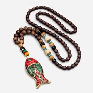 Boho Mosaic Fish Pendant Wooden Bead Necklace